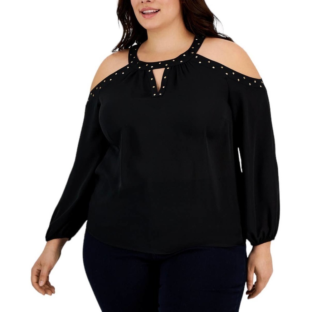 I.N.C. International Concepts Women’s Plus Black LS KEYHOLE HALTER Top NWT